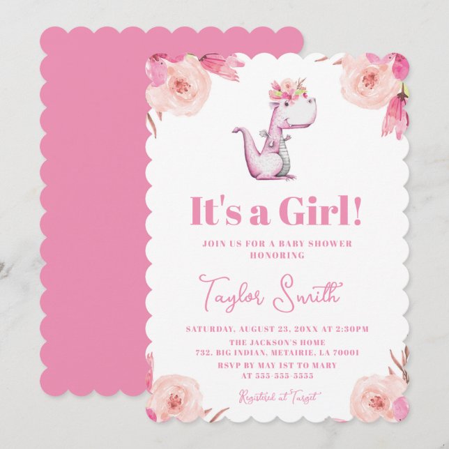 Invitación Es un Chica Floral Rosa Cute Dinosaur Baby Shower (Anverso / Reverso)