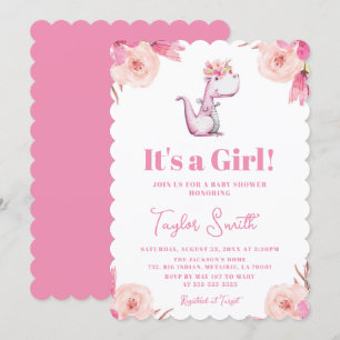 Invitación Es un Chica Floral Rosa Cute Dinosaur Baby Shower