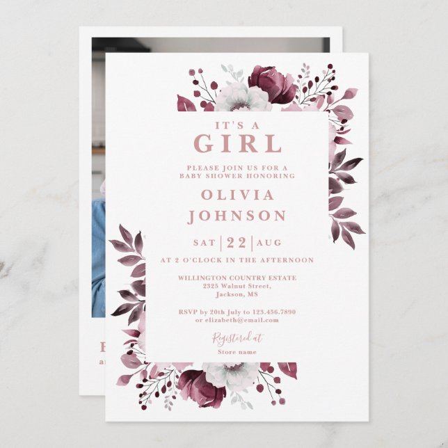 Invitación Es un Chica Floral Rosa Foto Código QR Baby Shower (Anverso / Reverso)