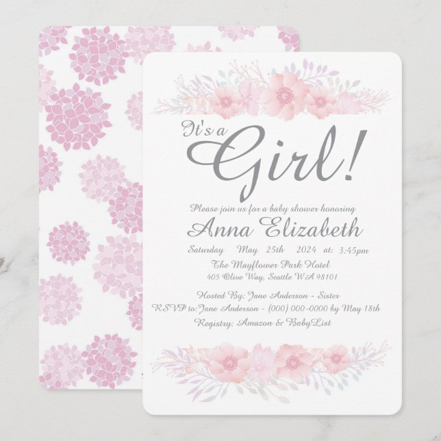 Invitación es un chica floral simple ducha de bebé botánico (Anverso / Reverso)