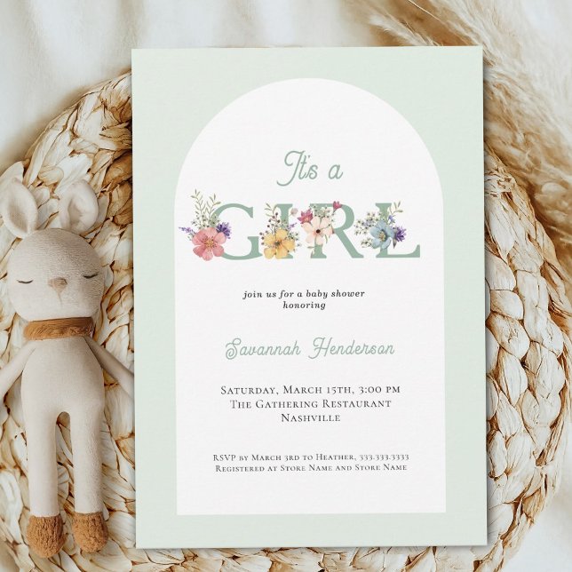 Invitación Es un Chica Floral Soft Green Baby Shower (Subido por el creador)