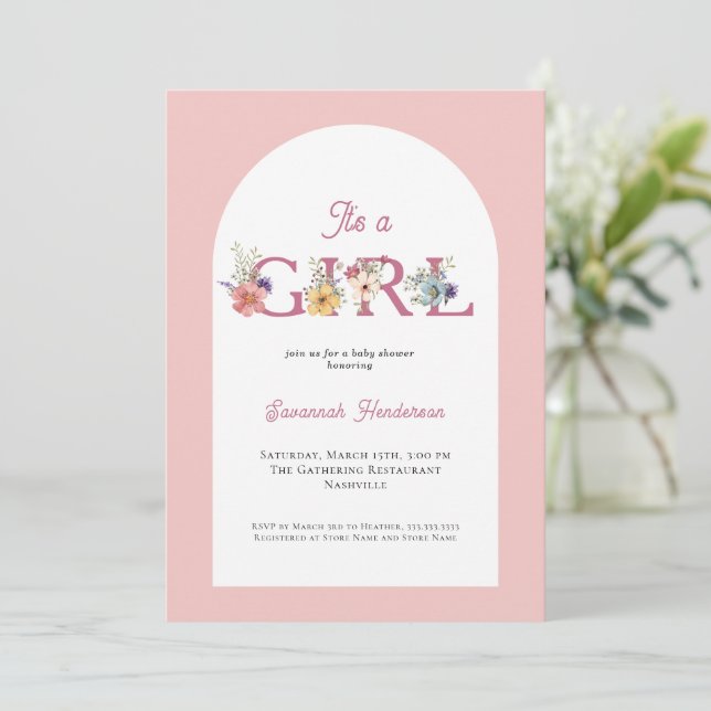Invitación Es un Chica Floral Soft Pink Baby Shower (Anverso de pie)