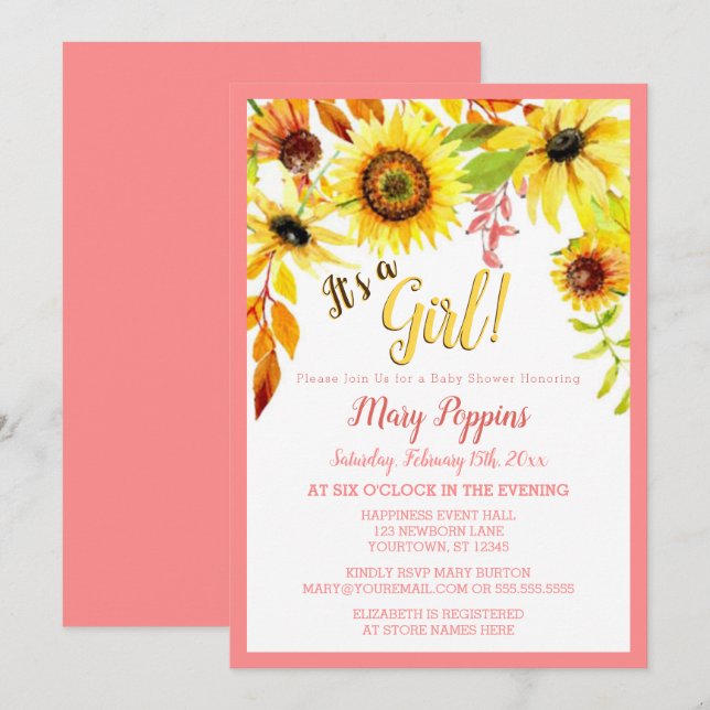 Invitación Es un Chica Floral Sunflower Garden Baby Shower (Anverso / Reverso)