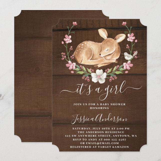 Invitación Es un Chica Floral Woodland Baby Deer Baby Shower (Anverso / Reverso)