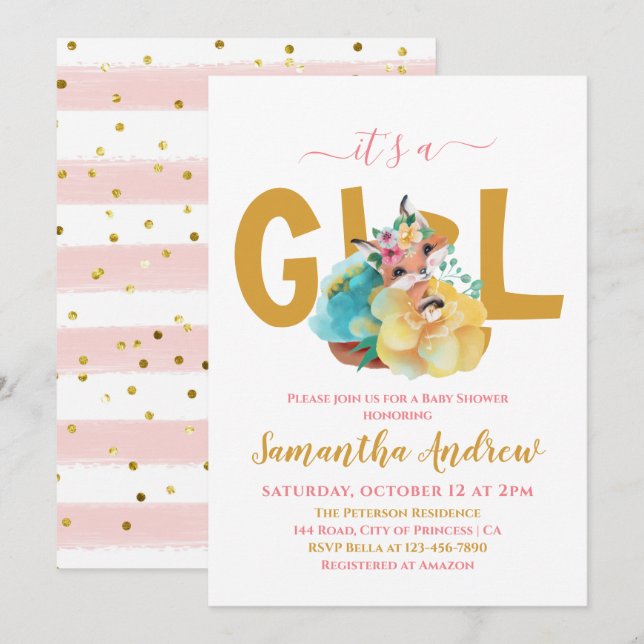 Invitación Es un Chica hermoso Baby Shower de Fox (Anverso / Reverso)
