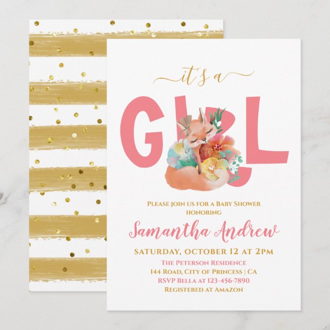 Invitación Es un Chica Hermoso Zorro Sleepy Baby Shower Invi (Anverso / Reverso)