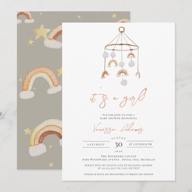 Invitación Es un Chica, la ducha de juguetes Boho Rainbow Bab (Anverso / Reverso)
