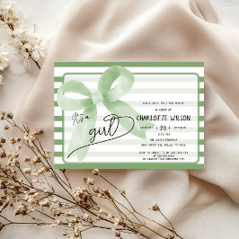 Invitación Es un Chica lindo Green Bow Stripes Baby Shower