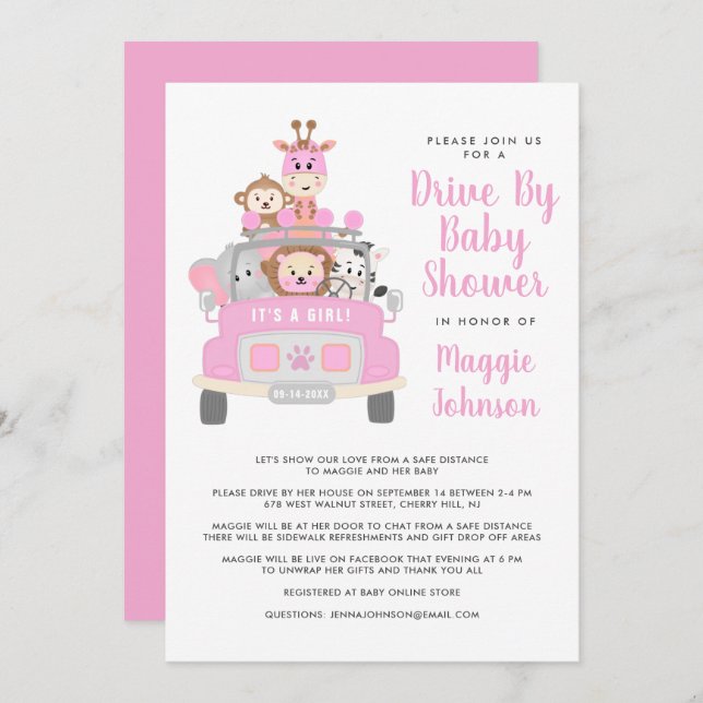Invitación Es un Chica manejado por Safari Pink Baby Shower (Anverso / Reverso)