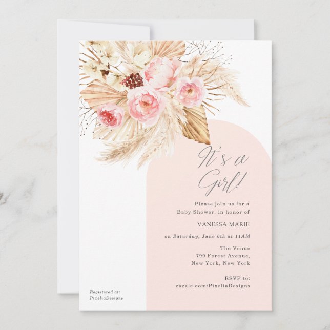 Invitación Es un Chica moderno Arch Boho Floral Baby Shower (Anverso)