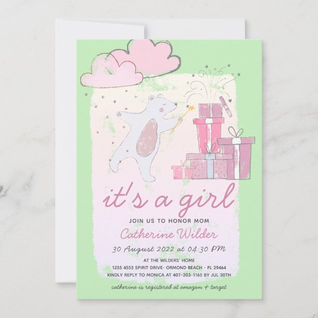 Invitación Es un Chica oso Chica recién nacido Baby Shower (Anverso)