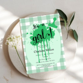 Invitación Es un Chica Pastel Green Gingham Baby Shower