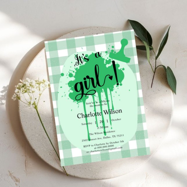 Invitación Es un Chica Pastel Green Gingham Baby Shower (Subido por el creador)