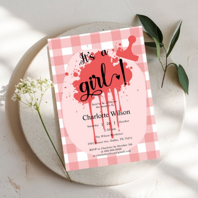 Invitación Es un Chica Pastel Red Gingham Baby Shower (Subido por el creador)