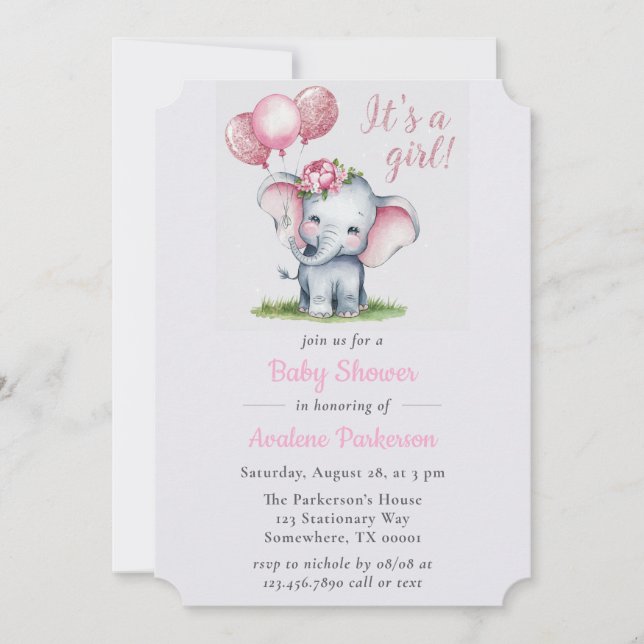 Invitación Es un Chica pintando a un elefante Chica floral Ba (Anverso)