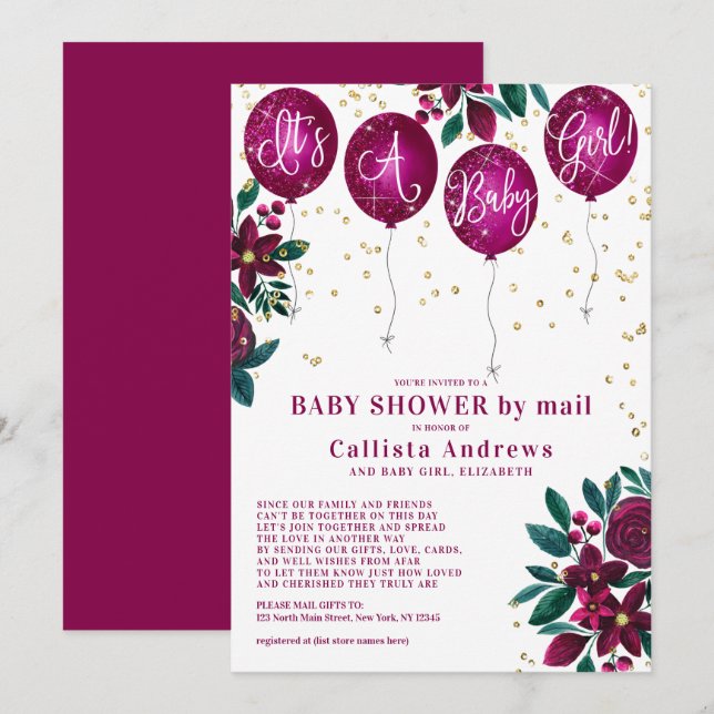 Invitación Es un Chica Purpurina de Globos Floral Baby Shower (Anverso / Reverso)
