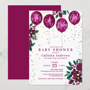 Invitación Es un Chica Purpurina de Globos Floral Baby Shower