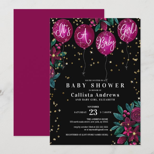 Invitación Es un Chica Purpurina de Globos Floral Baby Shower (Anverso / Reverso)