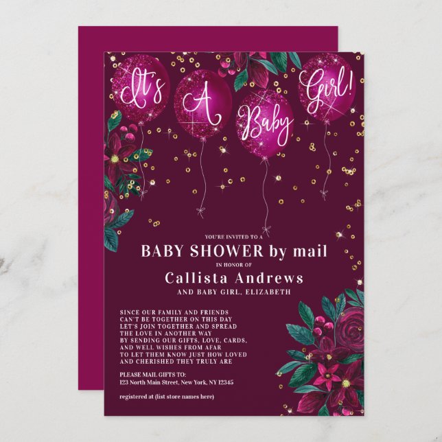 Invitación Es un Chica Purpurina de Globos Floral Baby Shower (Anverso / Reverso)