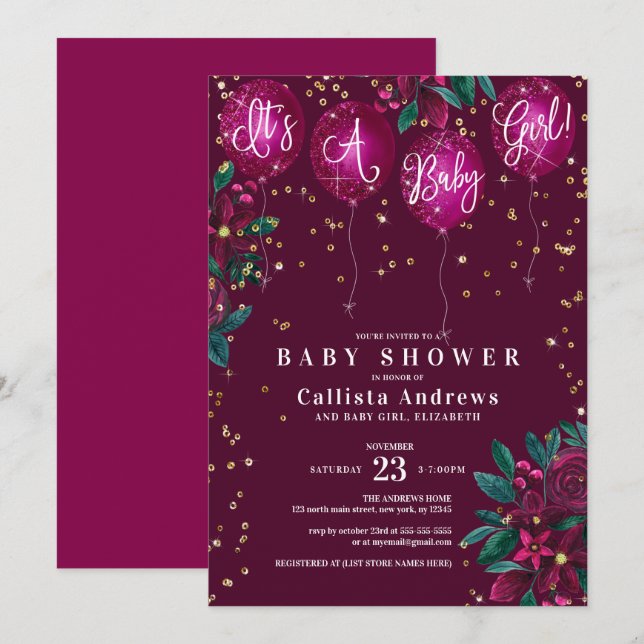 Invitación Es un Chica Purpurina de Globos Floral Baby Shower (Anverso / Reverso)