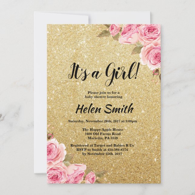 Invitación Es un Chica Purpurina de oro, Baby Shower floral (Anverso)