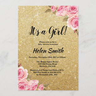 Invitación Es un Chica Purpurina de oro, Baby Shower floral