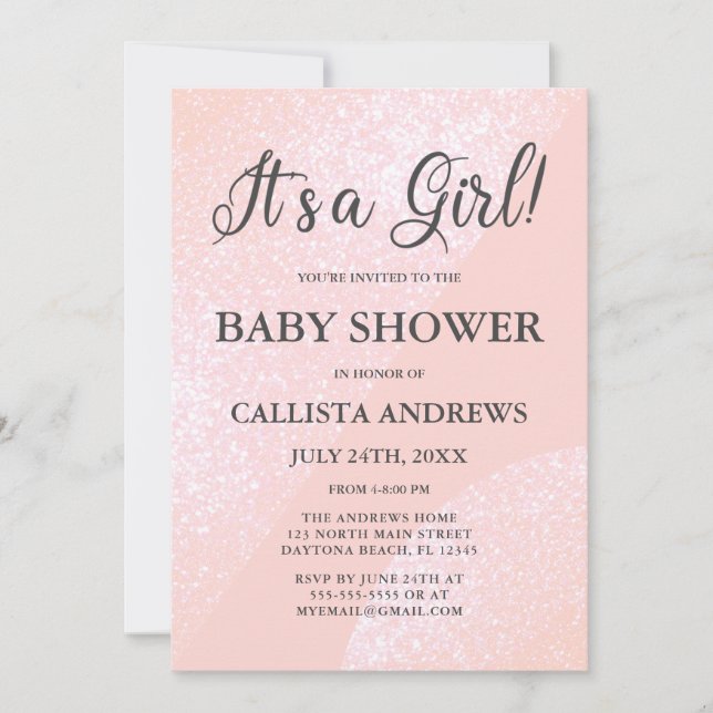 Invitación Es un Chica Purpurina rosa Geométrico Baby Shower (Anverso)