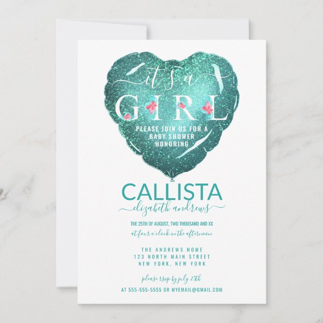 Invitación Es un Chica Purpurina Verde azulado de Baby Shower (Anverso)
