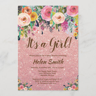 Invitación Es un Chica Rosa Floral Purpurina Gold Baby Shower