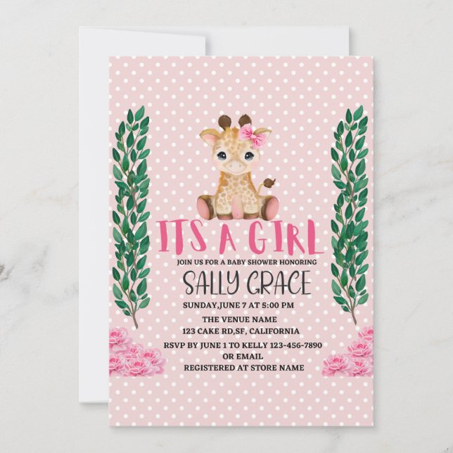 Invitación Es Un Chica, Rosa, Giraffe, Baby Shower (Anverso)