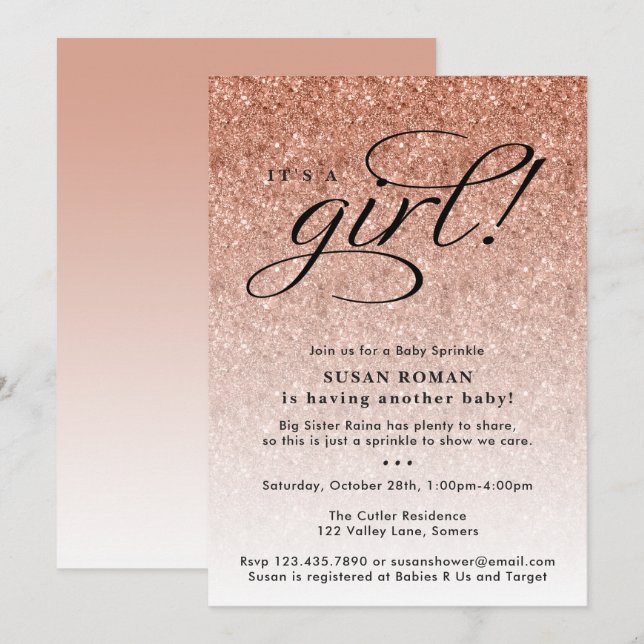 Invitación Es un Chica Rosa Oro Purpurina  Bebé Sprinkle (Anverso / Reverso)
