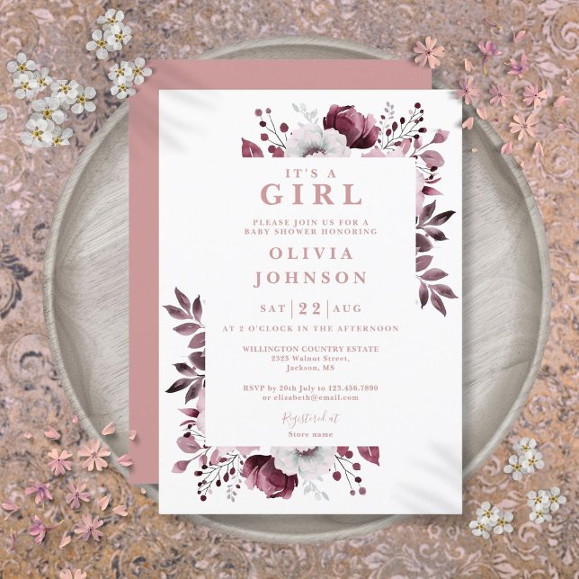 Invitación Es Un Chica Rosa Polvoriento Elegante Baby Shower  (Its A Girl Dusty Rose Elegant Floral Baby Shower Invitation)