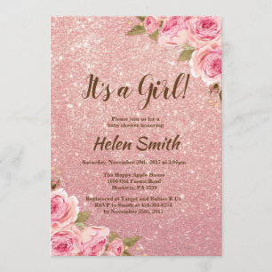 Invitación Es un Chica Rosa Purpurina de oro Floral Baby Show