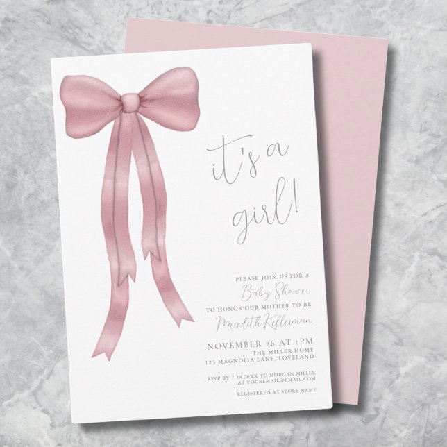 Invitación Es un Chica rosado Baby Shower (It's A Girl Pink Bow Baby Shower Invitation)