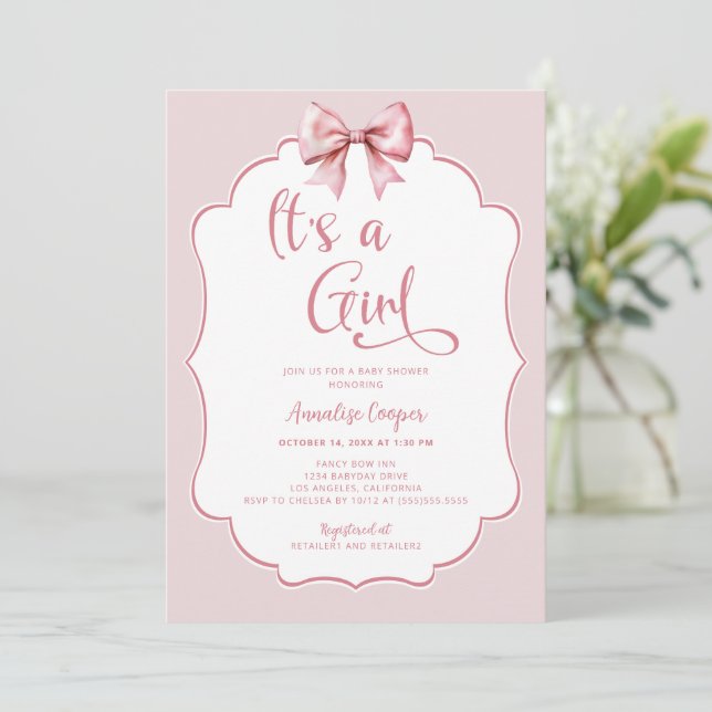 Invitación Es un Chica rosado Baby Shower (Anverso de pie)