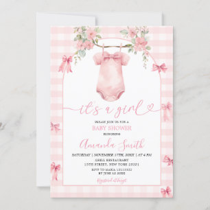 Invitación Es un Chica rosado Gingham Bow Floral Baby Shower
