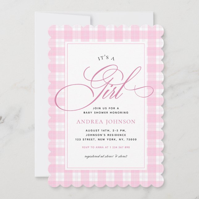 Invitación Es un Chica rosado Gingham Plaid Winter Baby Showe (Anverso)