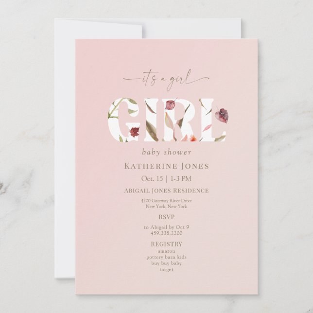 Invitación Es un Chica Rubor Baby Shower (Anverso)