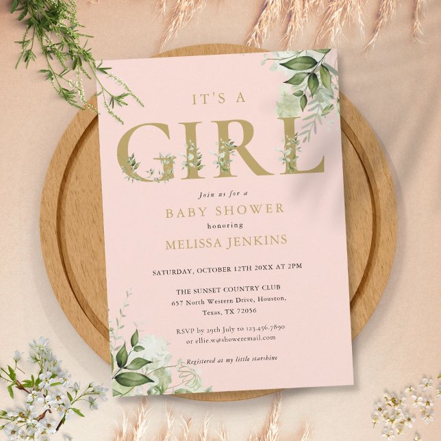 Invitación Es Un Chica Rubor Botánico Rosa Gold Baby Shower (Subido por el creador)