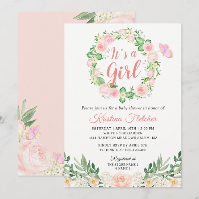 Invitación Es un Chica Rubor Peach Floral Garden Baby Shower (Anverso / Reverso)