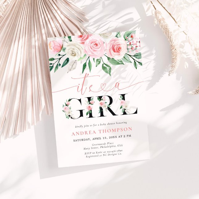 Invitación Es un Chica Rubor Pink Floral Baby Shower (Subido por el creador)