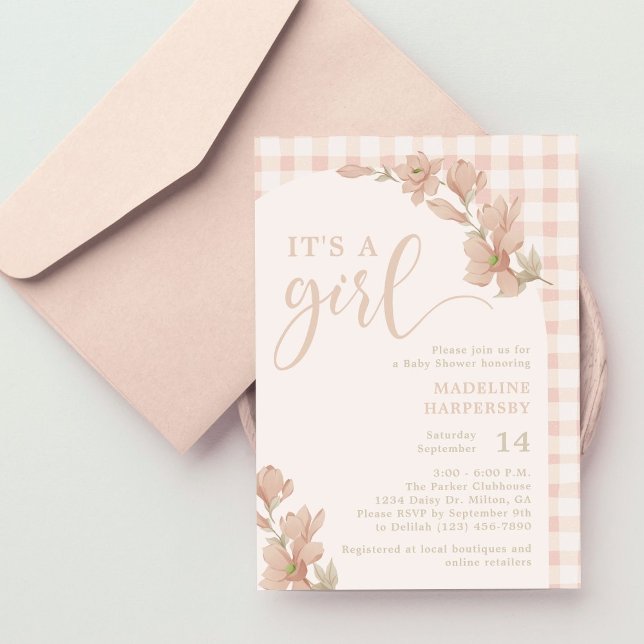 Invitación Es un Chica Rubor Pink Floral Gingham Baby Shower (Subido por el creador)