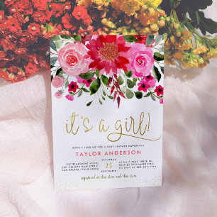 Invitación ¡Es un Chica! Rubor Pink & Red Floral Baby Shower
