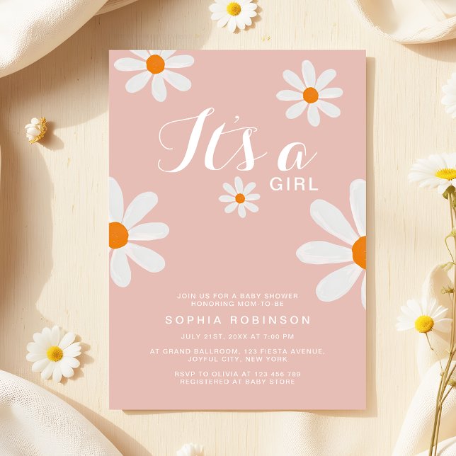 Invitación Es un Chica Rubor Rosa Daisy Flowers Baby Shower (Subido por el creador)