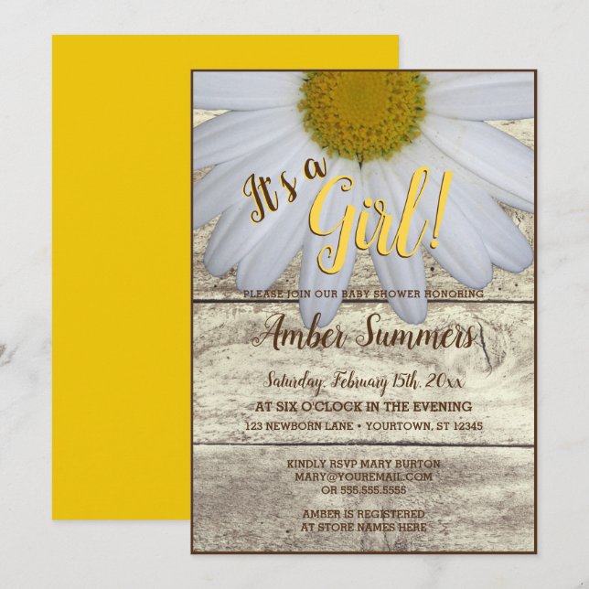 Invitación Es un Chica Rústico Floral Daisy Garden Baby Showe (Anverso / Reverso)