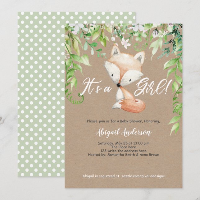 Invitación Es un Chica, rústico, Woodland, verde, Baby Shower (Anverso / Reverso)