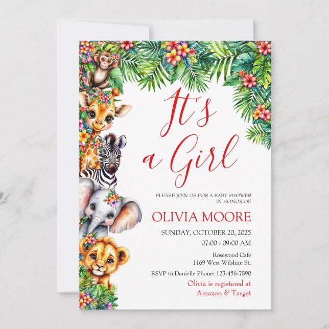 Invitación Es un Chica Safari Baby Shower (Anverso)