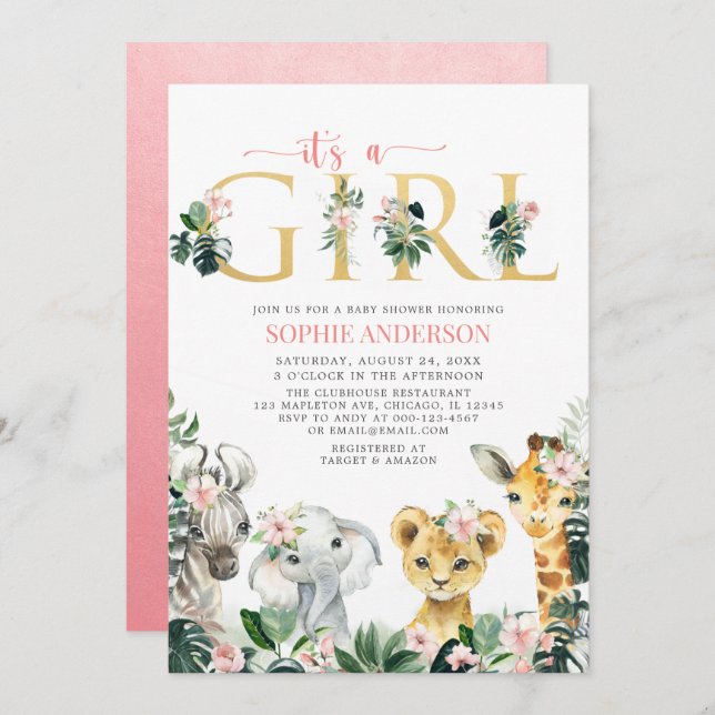 Invitación Es un Chica Safari Jungle Animals Baby Shower (Anverso / Reverso)