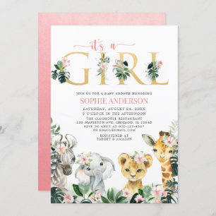 Invitación Es un Chica Safari Jungle Animals Baby Shower