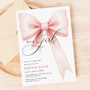 Invitación Es un Chica Script Rubor Pink Bow Baby Shower